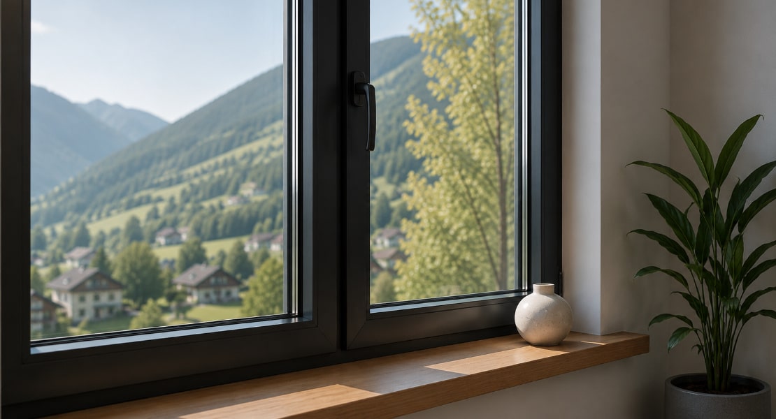 fenster_südtirol Fenster mit Blick auf die Südtiroler Berglandschaft
